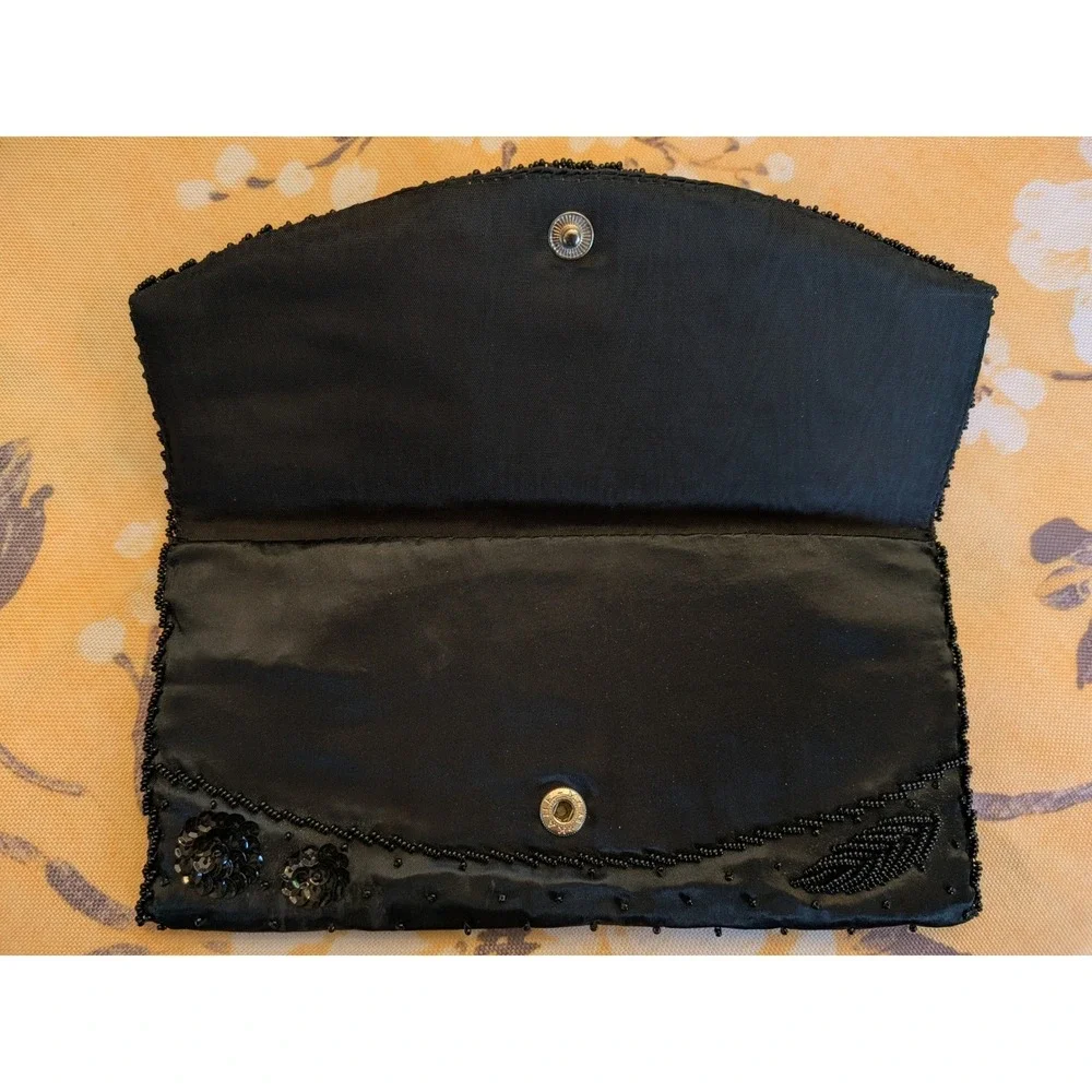 Vintage Black Beaded Sequin Satin Clutch Handbag Hand Made in Hong Kong Floral